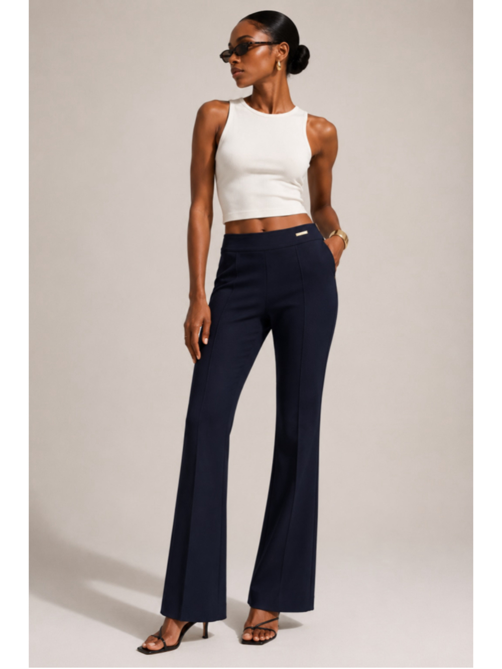 Tory Burch Navy Wool Blend Flare Knit Pants Gold Logo Side Zip Size 4